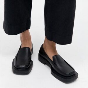 NWOB St. Agni Square Toe Leather Slip On Chunky Sole Classic Black Loafer